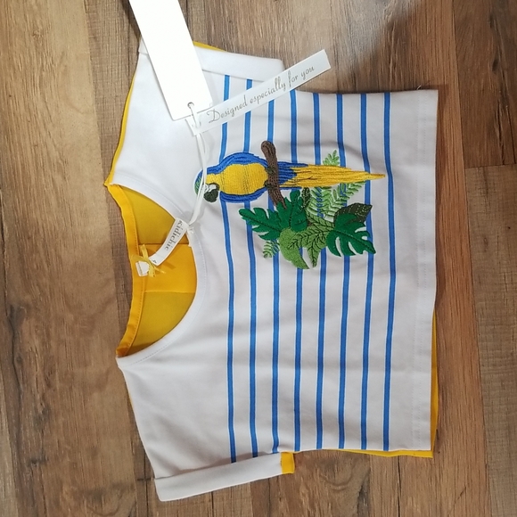 KIDICHIC Yellow White Embroidered Parrot Bird Crop Top Shirt - Picture 2 of 10